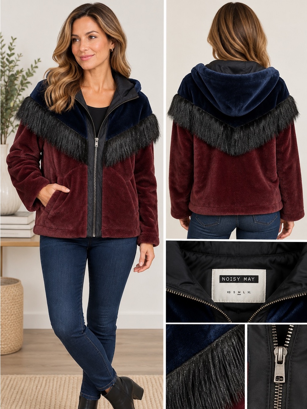 Noisy May NWT Color Block Faux Fur Fringe Hooded Jacket Size M 
A1-23